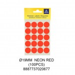 MAYSPIES MS019 COLOUR DOT LABEL / 5 SHEETS/PKT / 100PCS / ROUND 19MM NEON RED